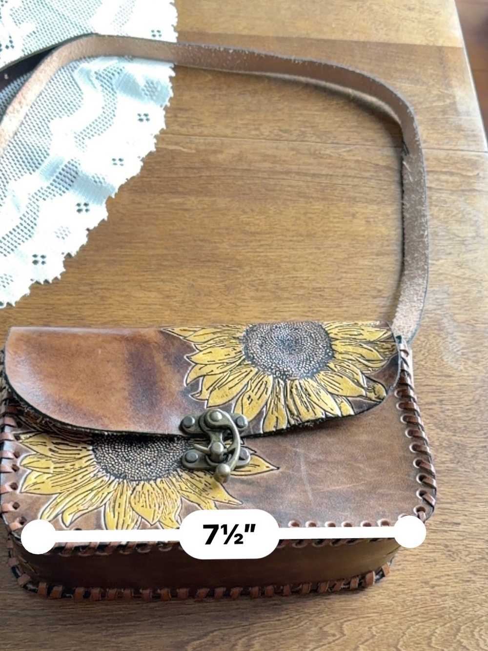 Handcrafted Brown Leather Sunflower Crossbody Bag - Picture 6 of 8